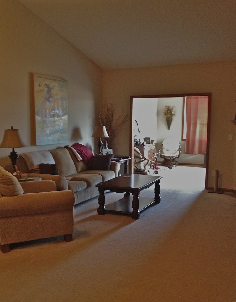large open floor plan with vaulted ceilings and fireplace.